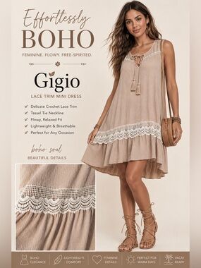 Gigio Boho Lace Trim Tassel Swing Mini Dress Cottagecore Size Large